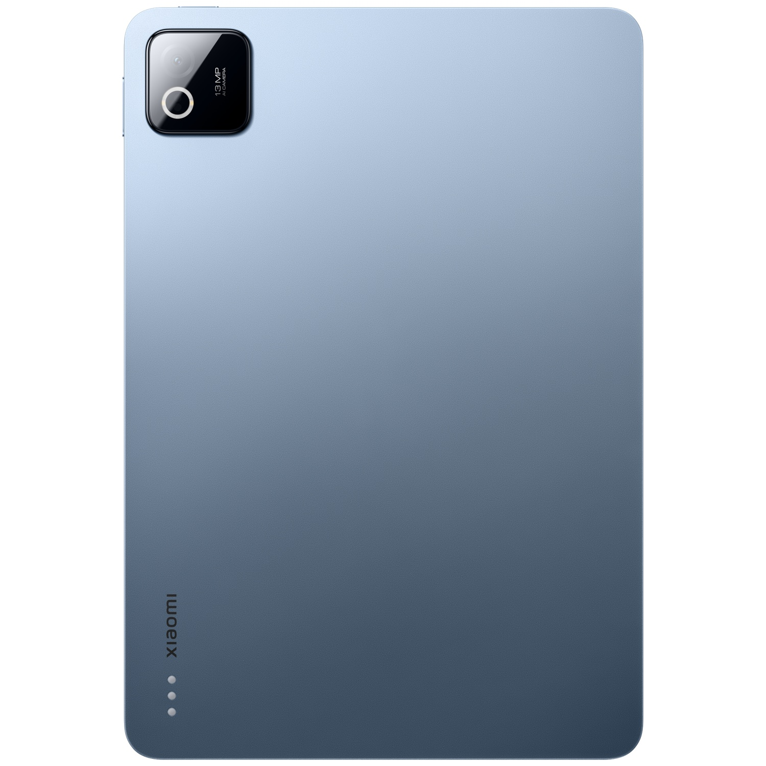 Achterkant van een blauwe tablet met 13MP camera en Xiaomi-logo.