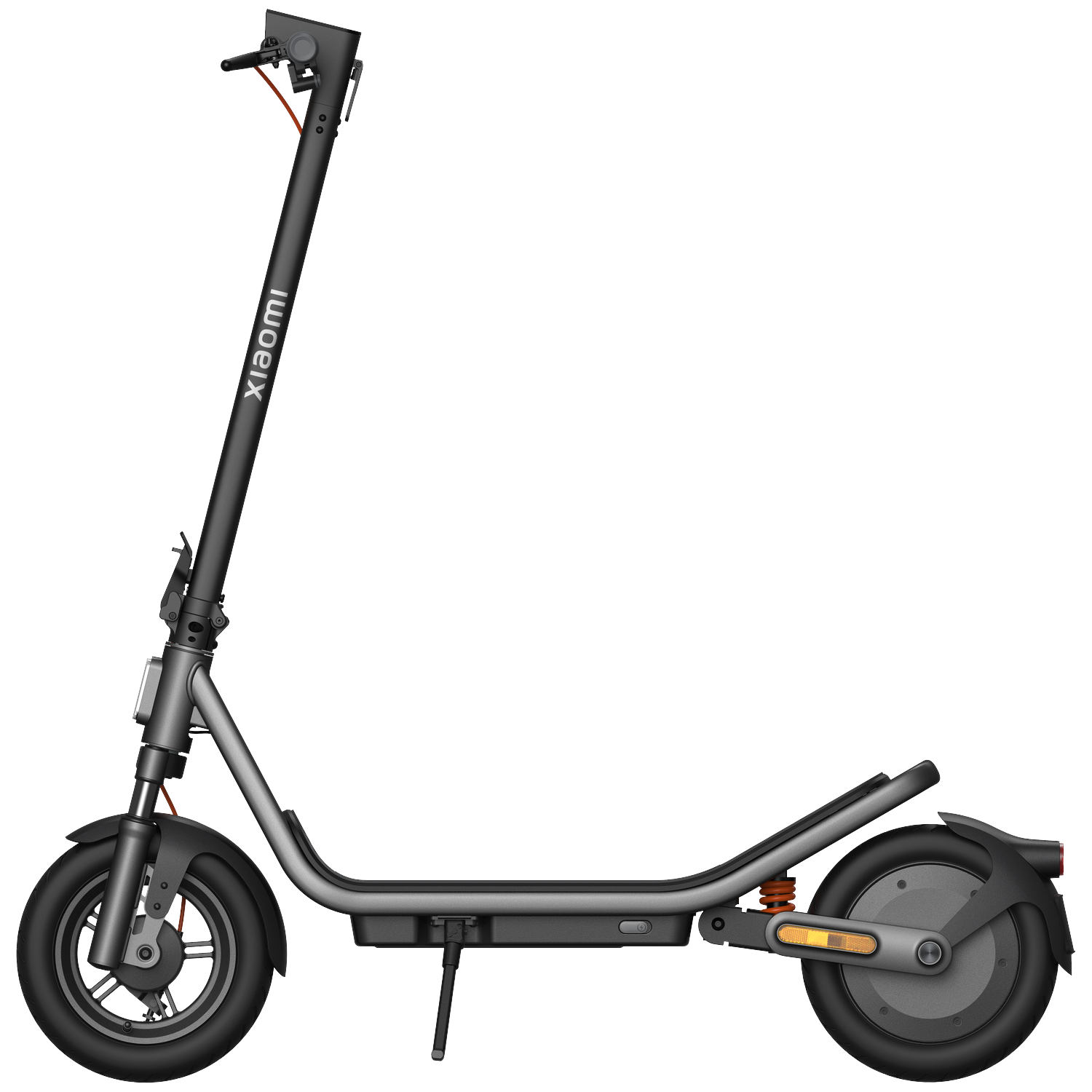 A black Xiaomi electric scooter with reflectors and shock absorbers.