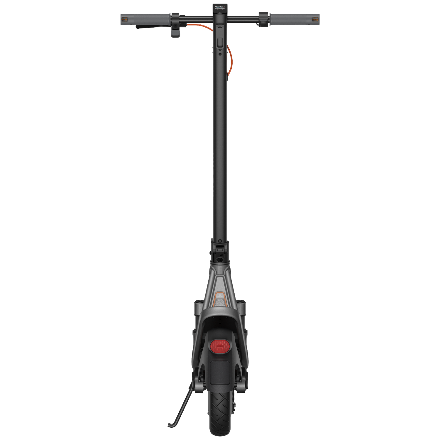 A black electric scooter with handlebars, display, and taillight.