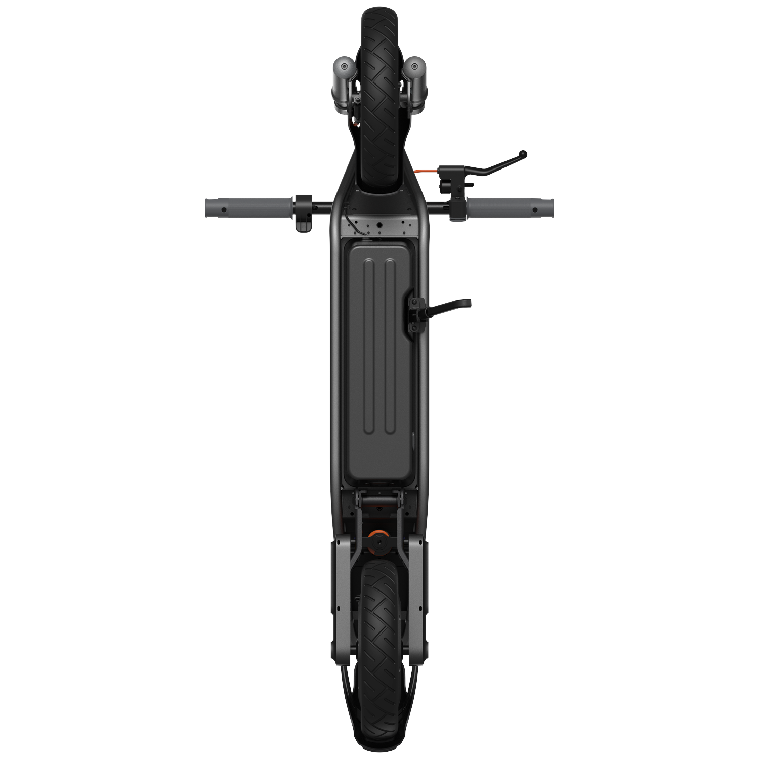 A black electric scooter from directly above, showing the deck and wheels.