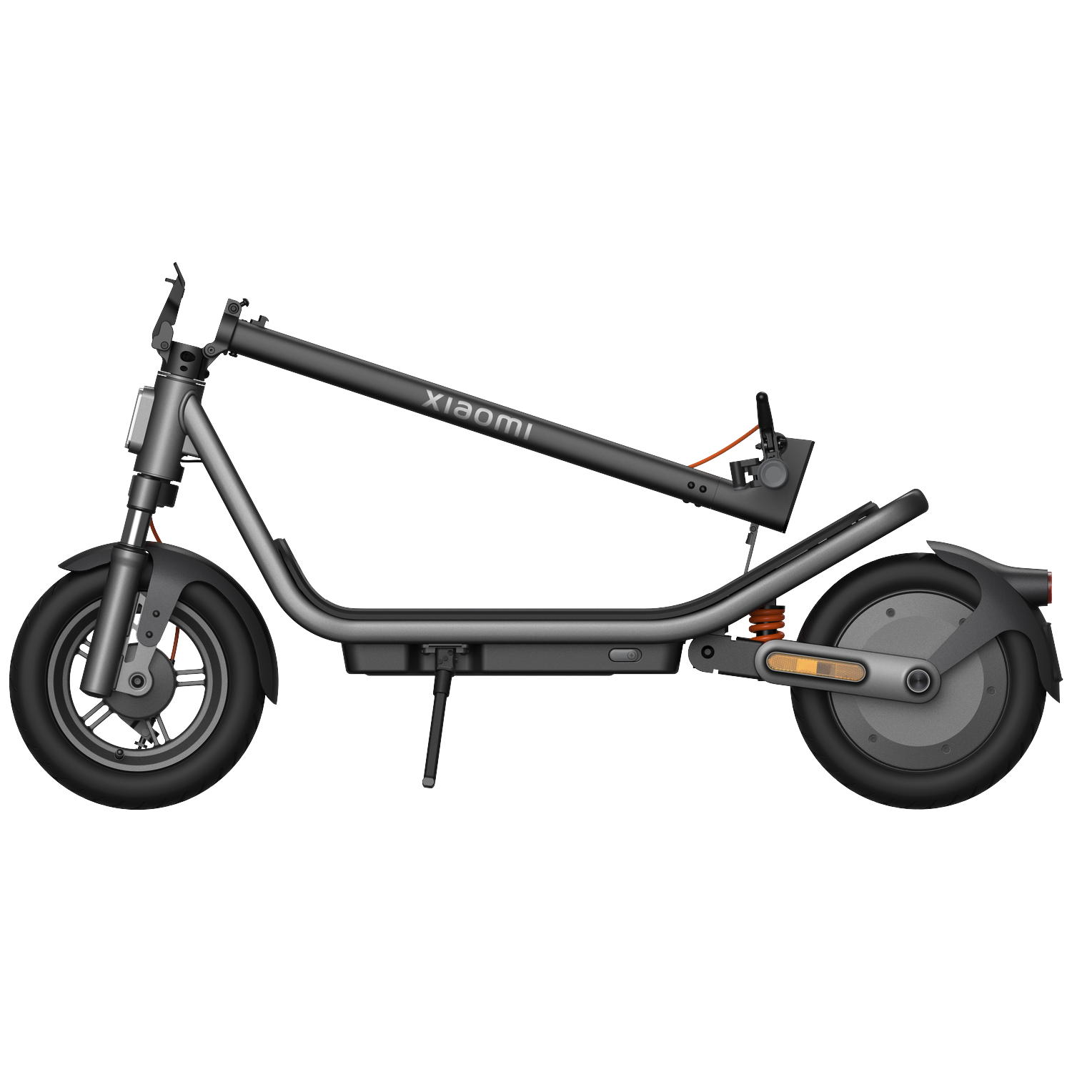 Gray Xiaomi E-scooter profile with folded handlebar and kickstand.
