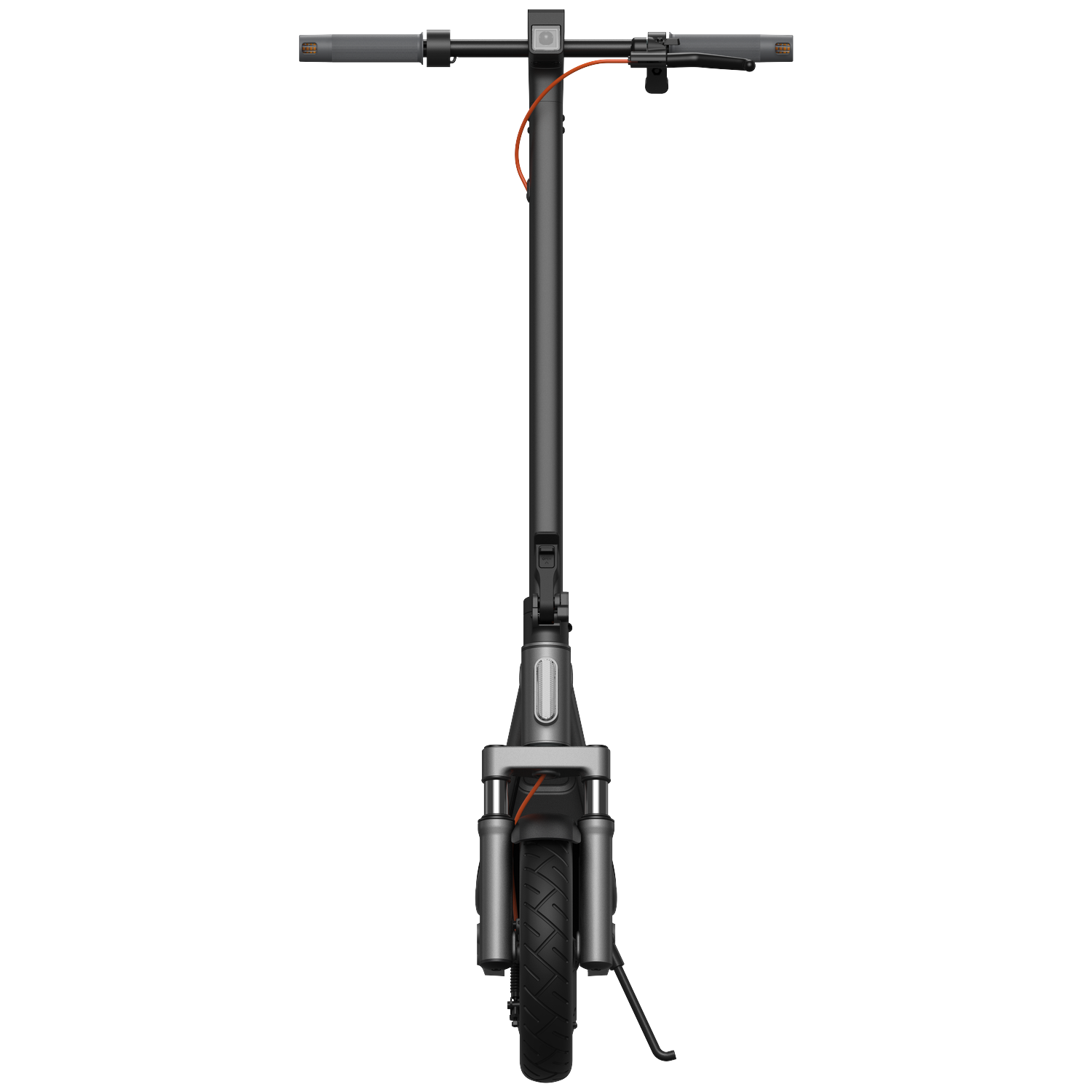A black electric scooter with handlebars, display, and orange cable.