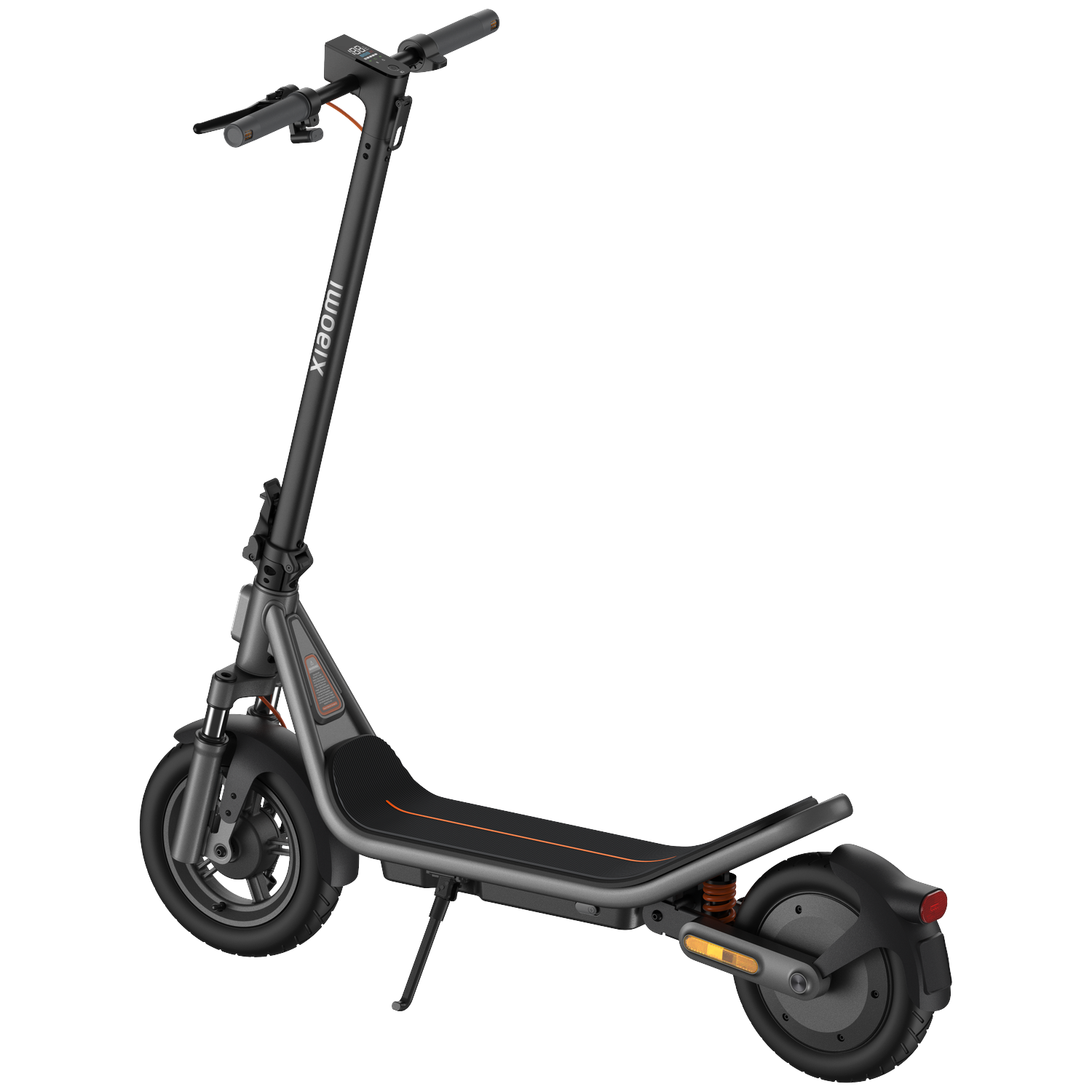 A black Xiaomi electric scooter with orange accents, front and rear wheels.