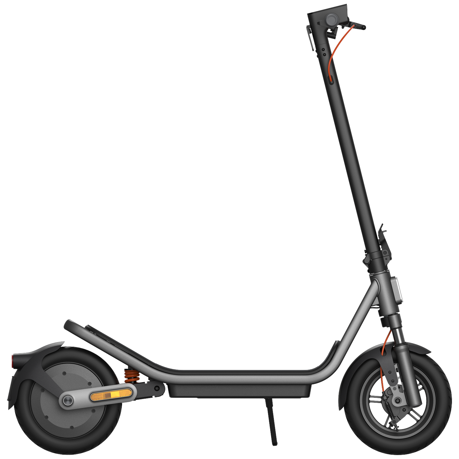 A gray electric scooter with black wheels and orange accents.