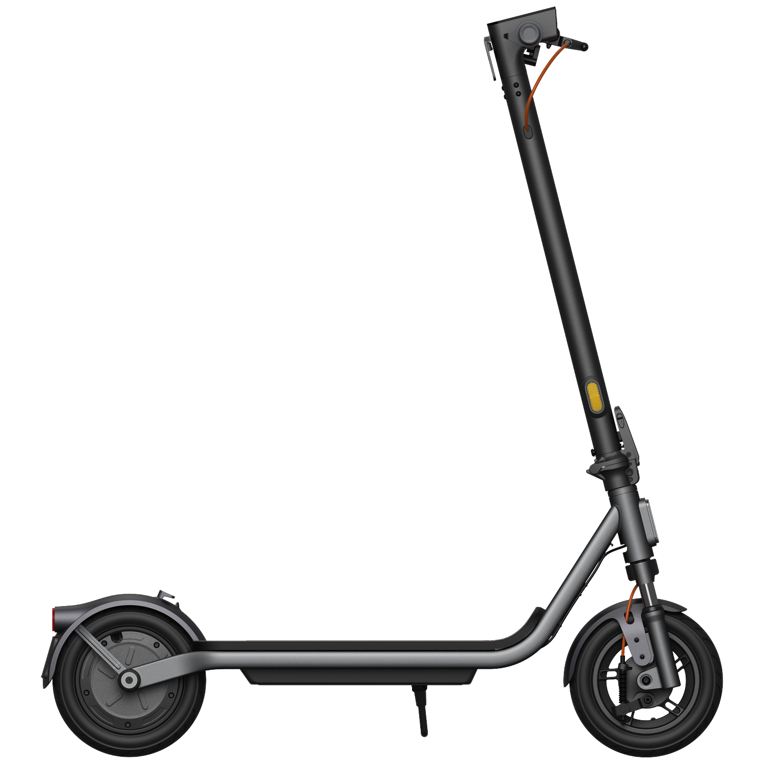 Een zwarte elektrische scooter met twee wielen, stuur en voetplank.