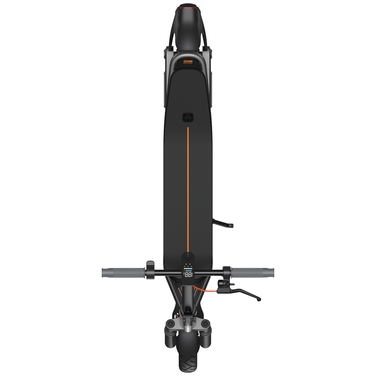 A black electric scooter with orange accents, shown from above.