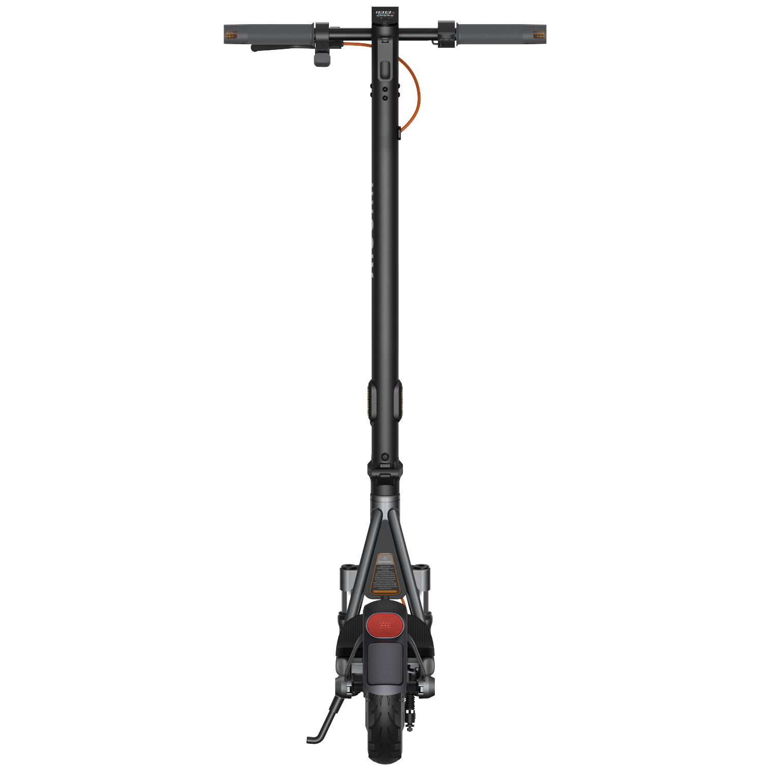 Zwarte elektrische step met stuur, display en achterlicht.