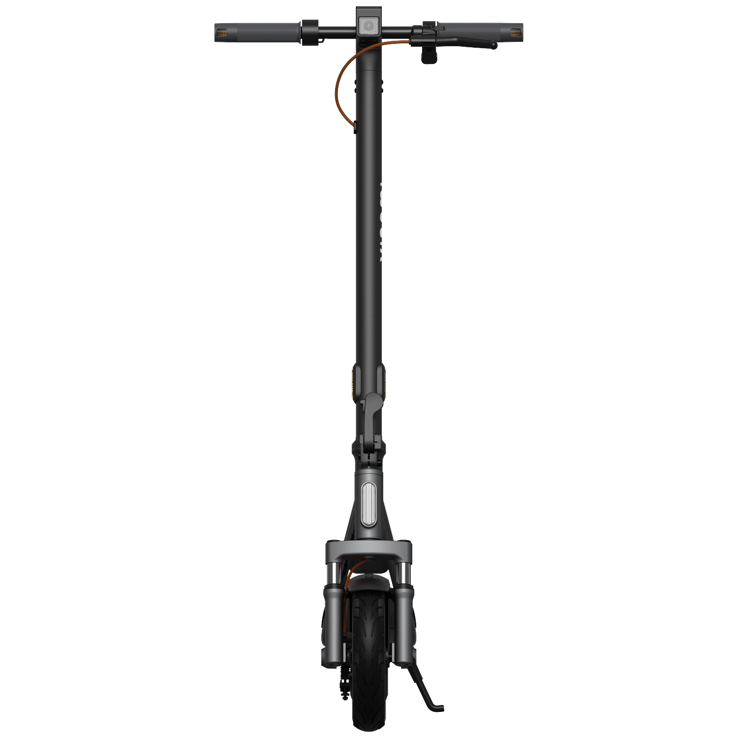 Een zwarte elektrische scooter met stuur, voorwiel en standaard.