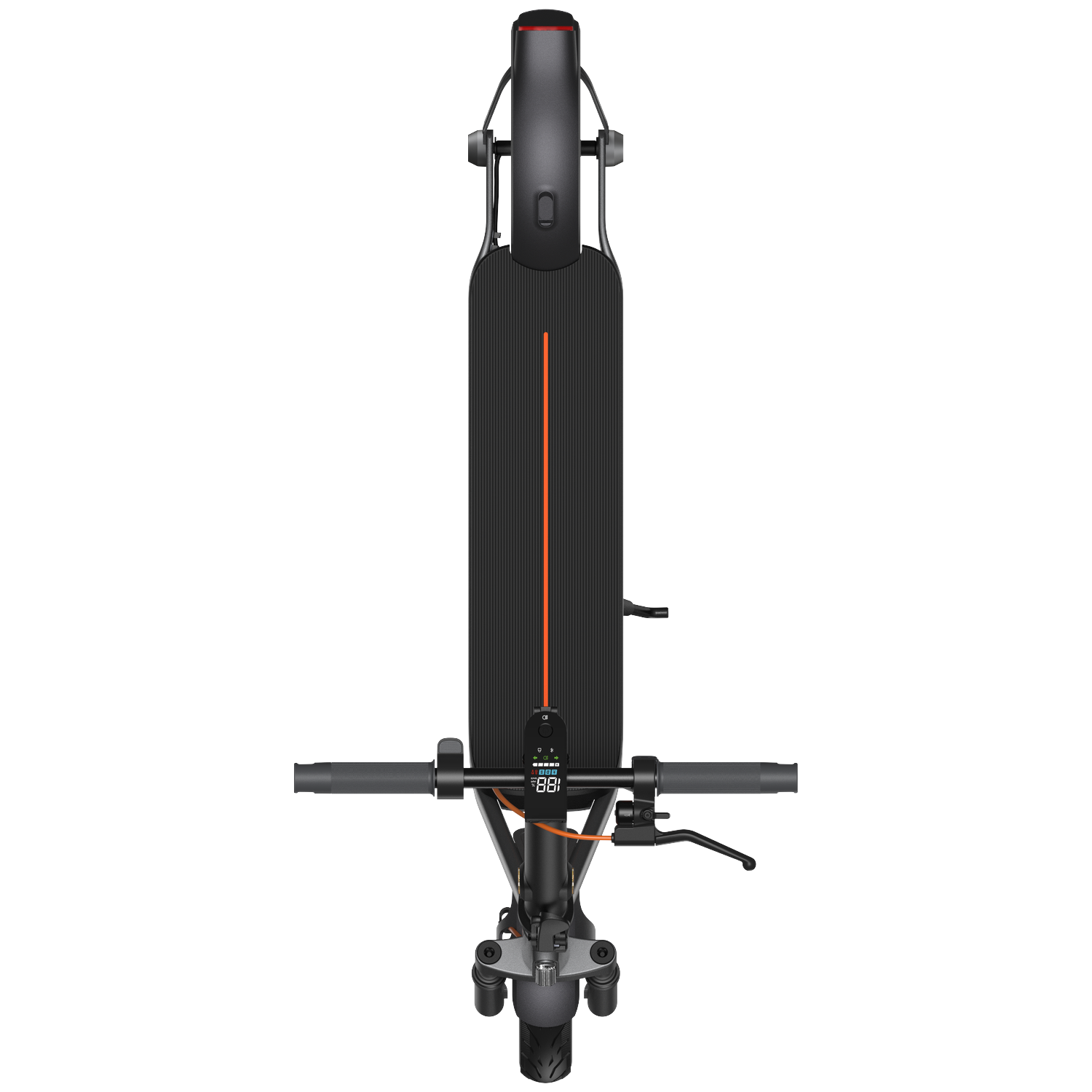 Bovenaanzicht van een zwarte elektrische scooter met oranje accenten en digitaal display.