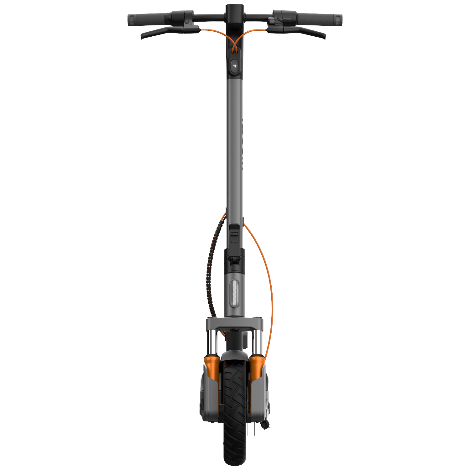 A gray electric scooter with orange accents, front view.