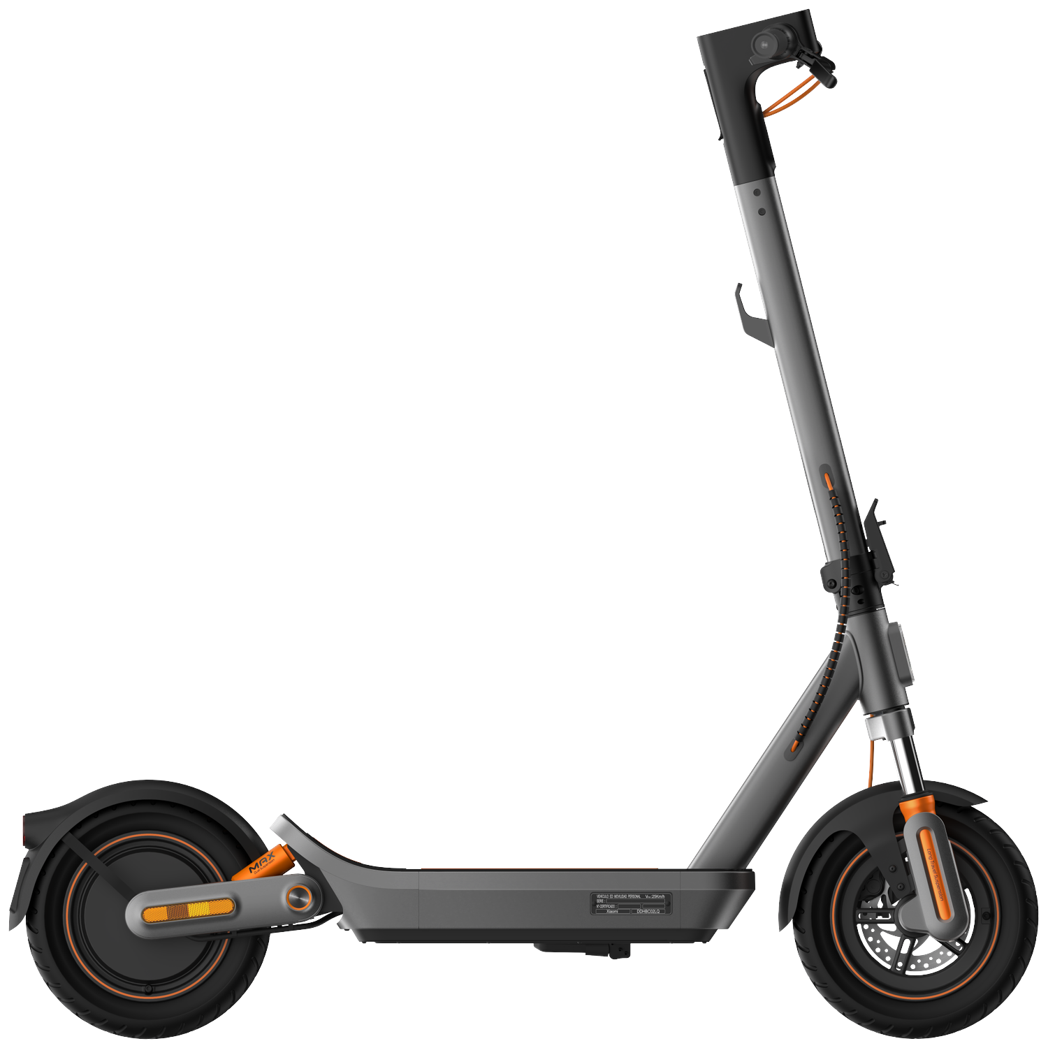 Gray electric scooter with orange accents, white background.