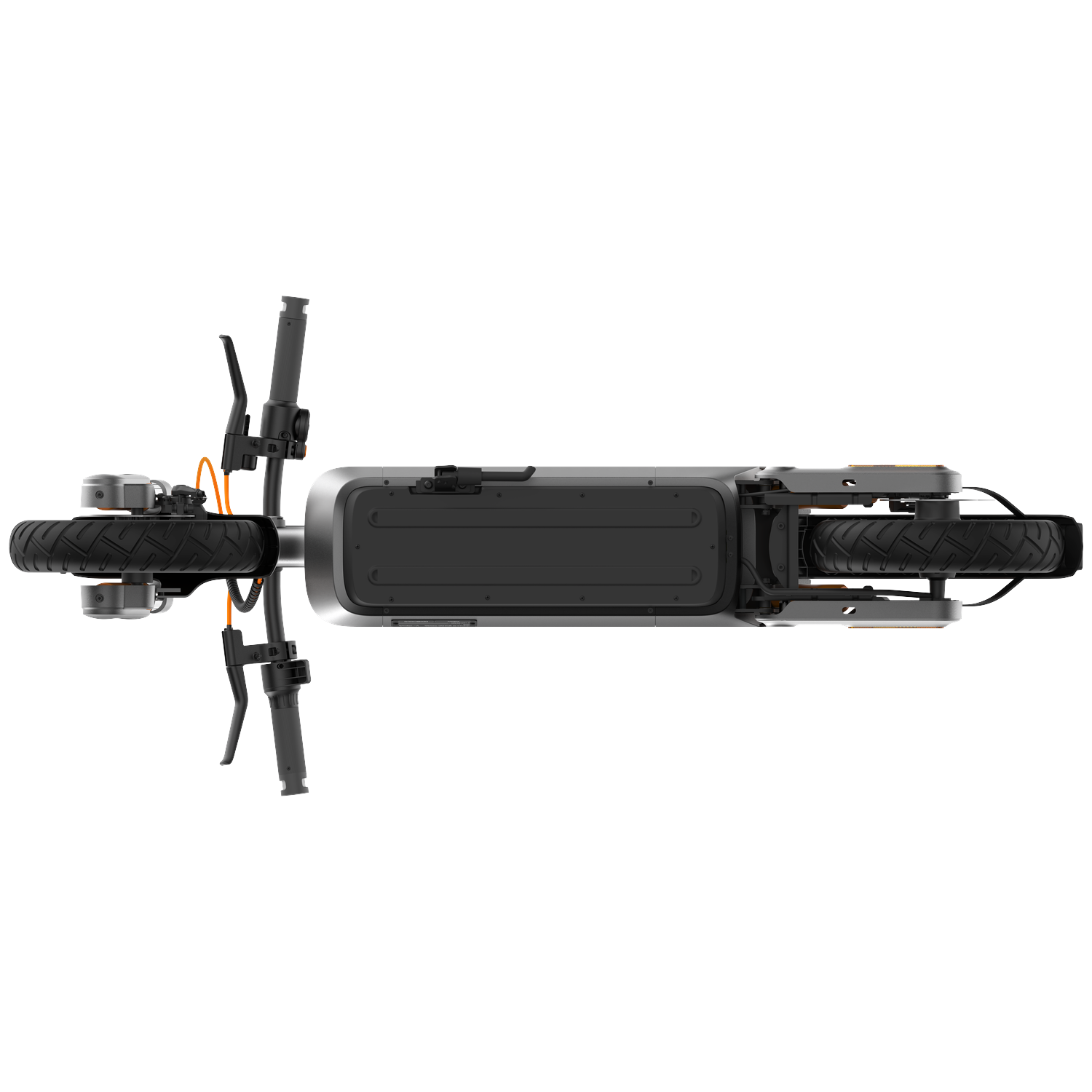Gray electric scooter from above, with black wheels and handlebars.