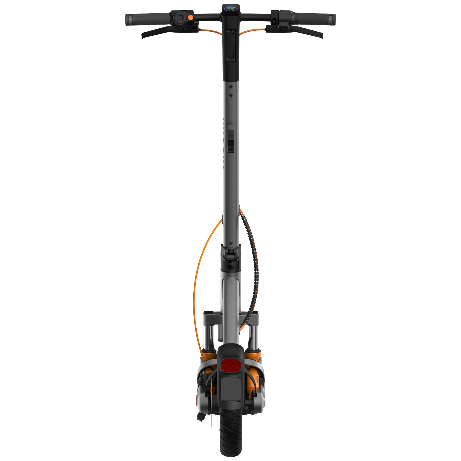 Gray electric scooter with orange accents, front view. Black handlebars, display.