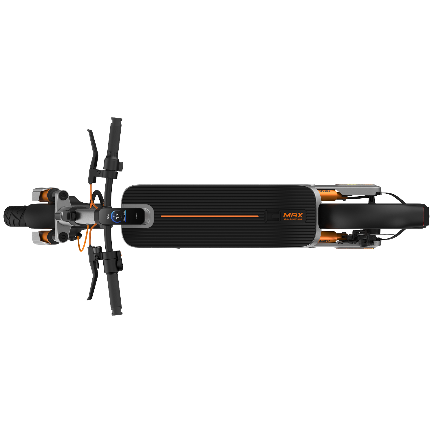 Top view of a black electric scooter with orange accents and a digital display.
