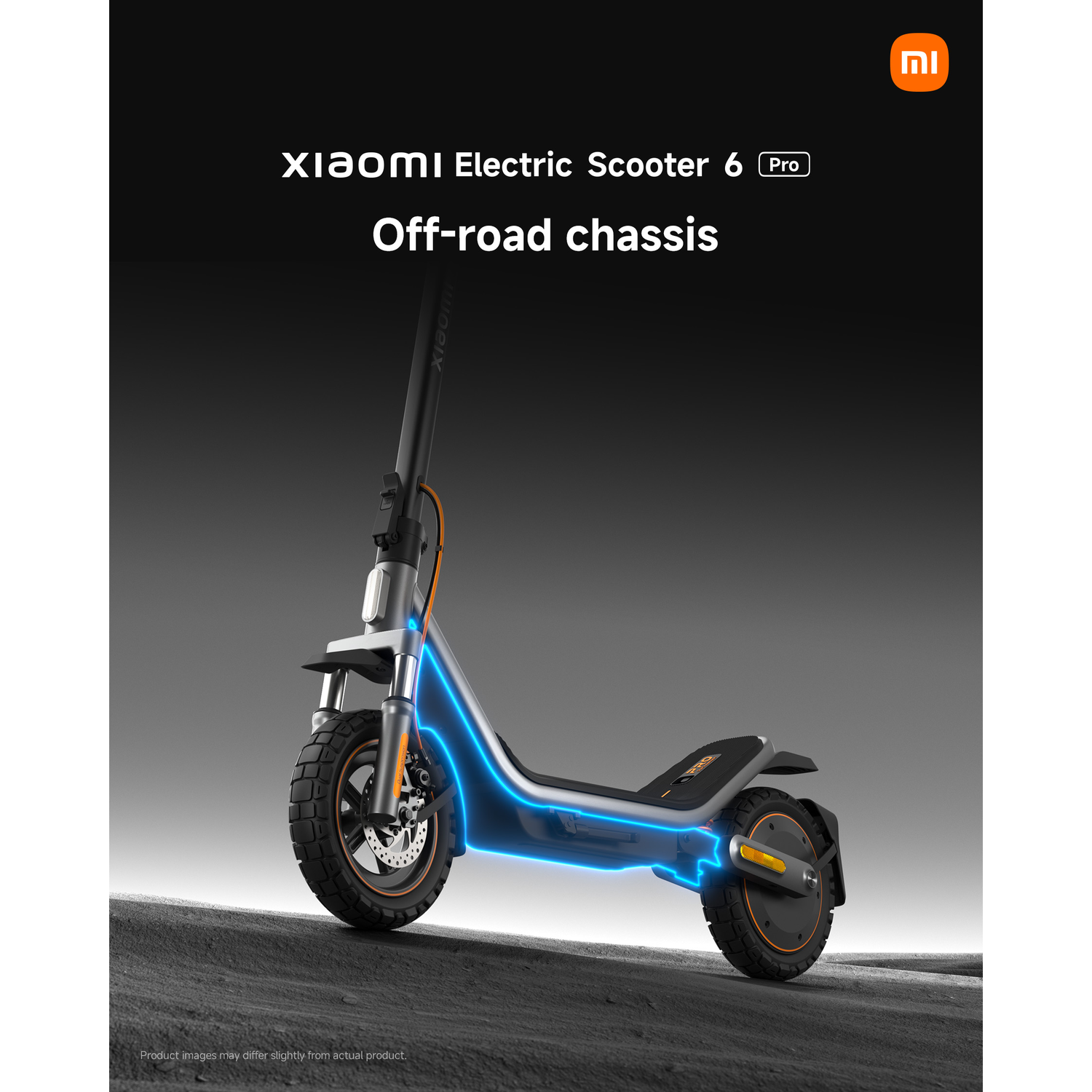 Xiaomi Electric Scooter 6 Pro with off-road chassis, highlighted in blue.