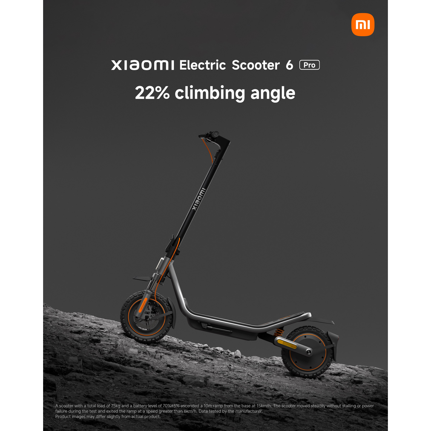 A black Xiaomi electric scooter with orange accents on rocky terrain.