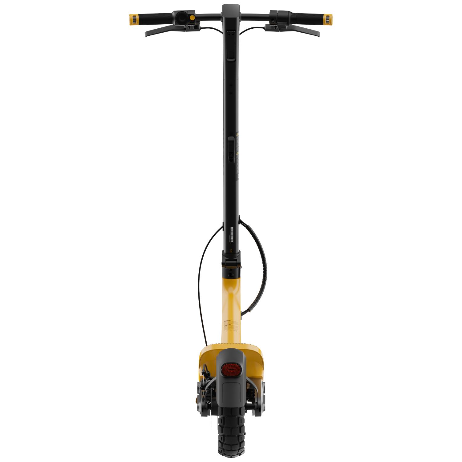 A yellow electric scooter with a black handlebar and wheels, viewed from the front.
