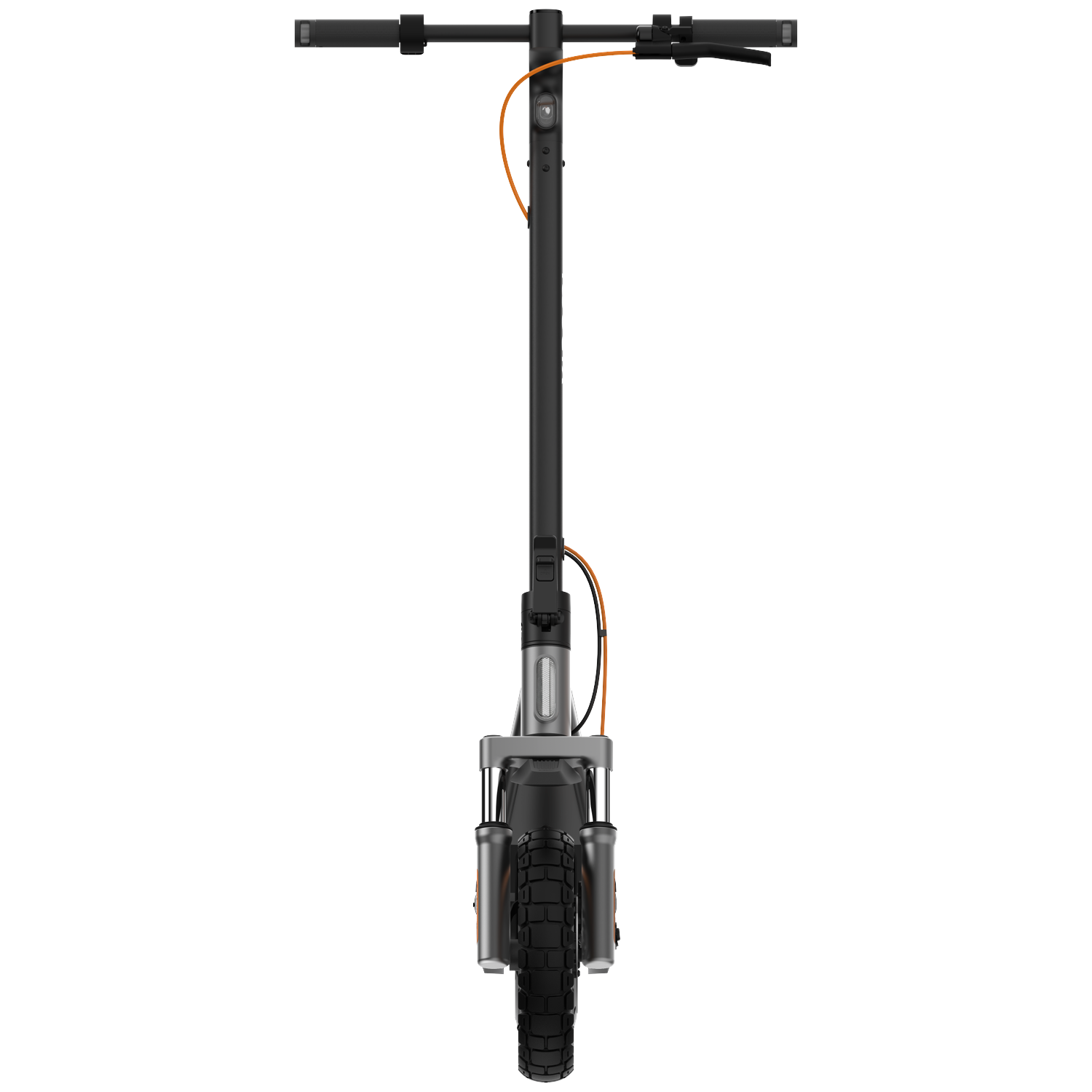 A black electric scooter with handlebars, tires, and an orange cable.