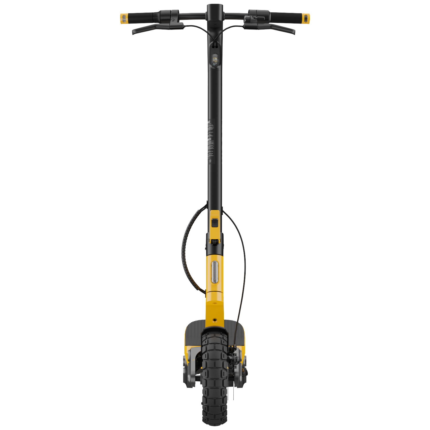 A yellow and black electric scooter with thick tires, front view.