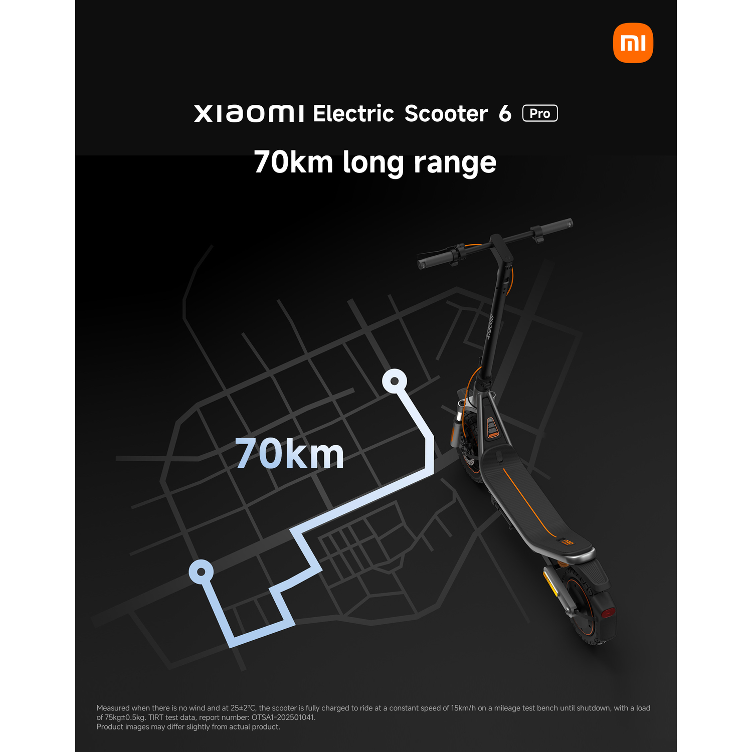 Xiaomi Electric Scooter 6 Pro with 70km range on a city map background.