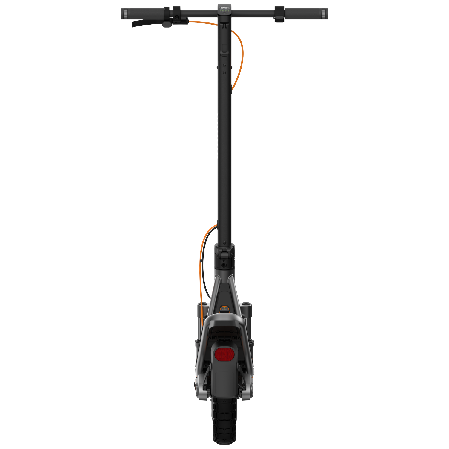 A black electric scooter with orange accents and a display screen.