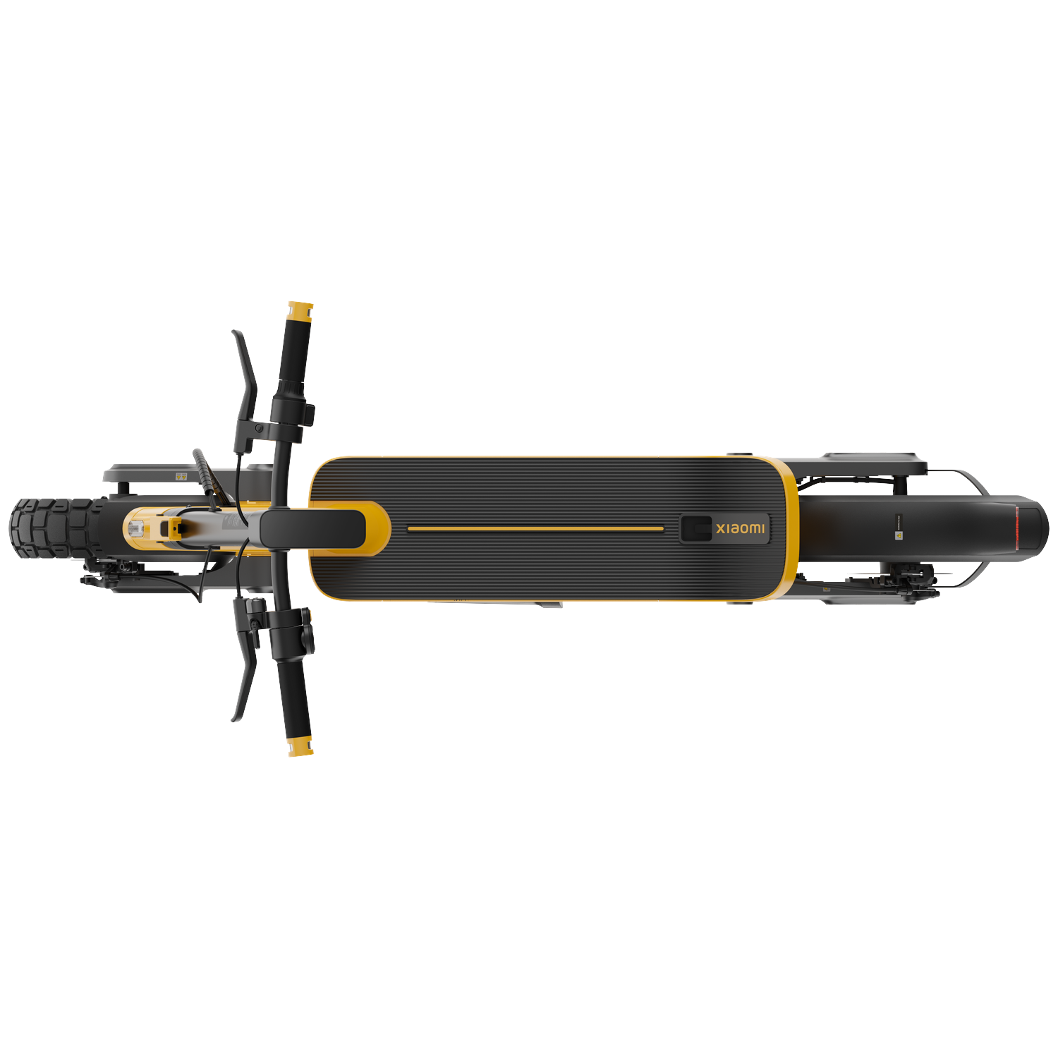 Electric scooter from above, black with yellow accents, Xiaomi logo.
