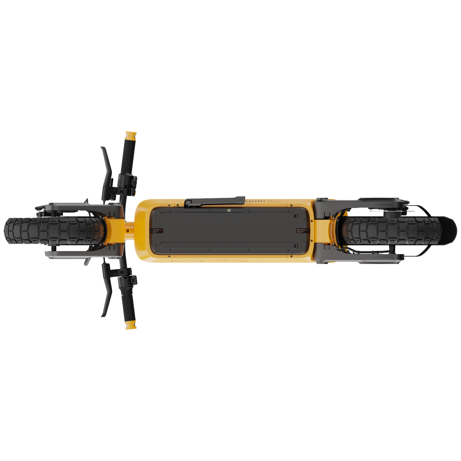 Yellow electric scooter from above, with black wheels and handlebars.