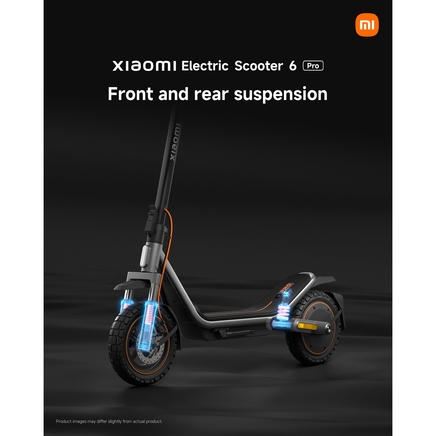 Xiaomi Electric Scooter 6 Pro with front and rear suspension, highlighted in blue.