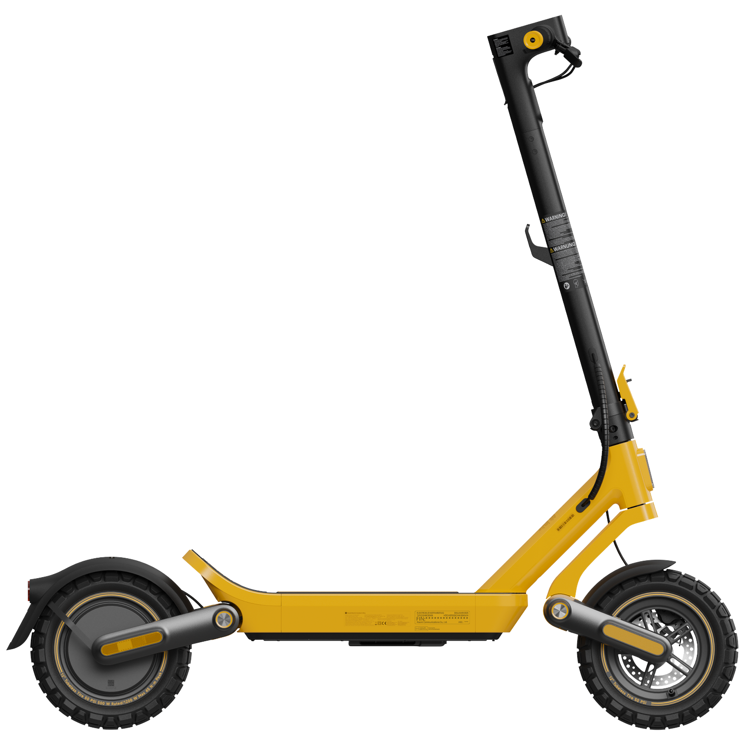 A yellow electric scooter with black accents, isolated on a white background.