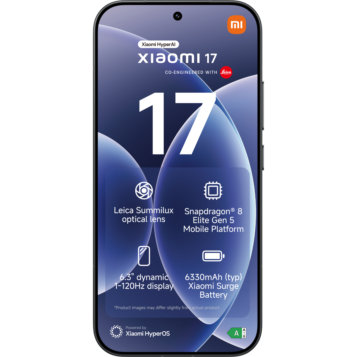 Xiaomi 17 telefoon met Leica-lens, Snapdragon 8, 6,3" display, 6330mAh batterij.