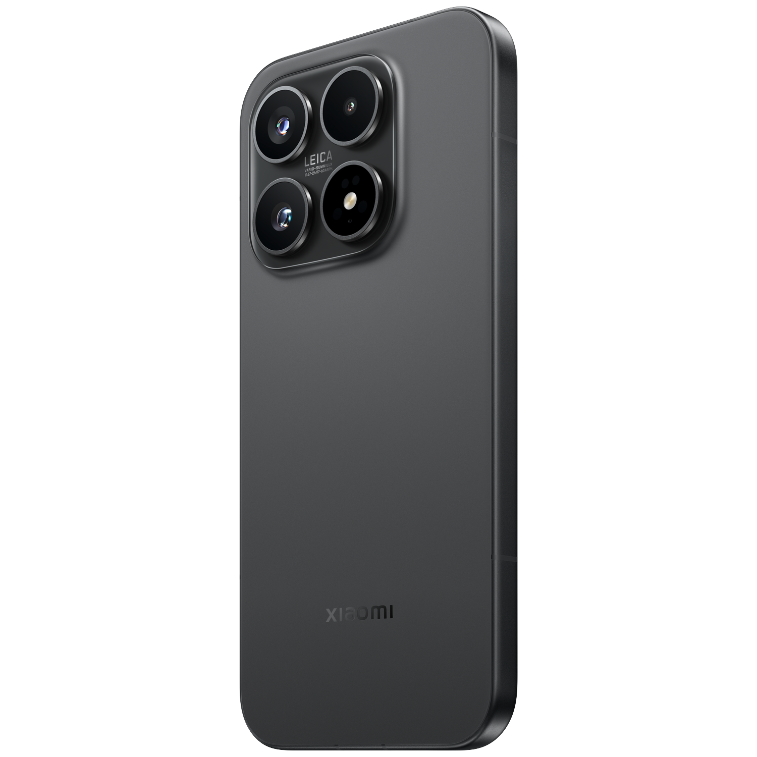 Donkergrijs smartphonemodel met Leica quad-camera. Xiaomi-logo onderaan.