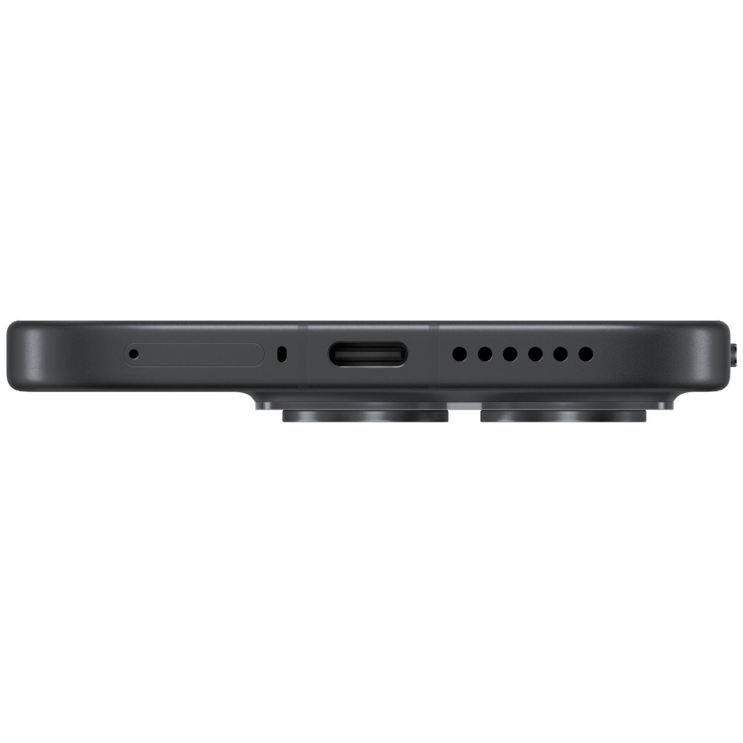 De onderkant van een zwarte smartphone met USB-C-poort en luidsprekerroosters.