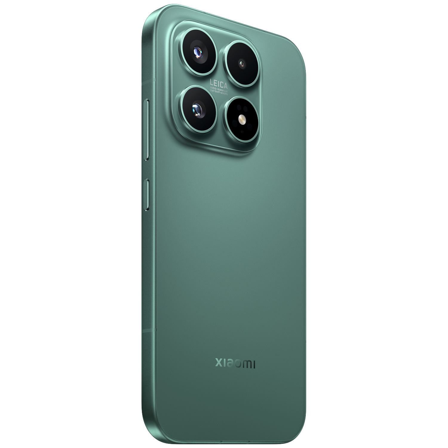 Arrière d'un smartphone vert avec quatre caméras et logo Xiaomi.
