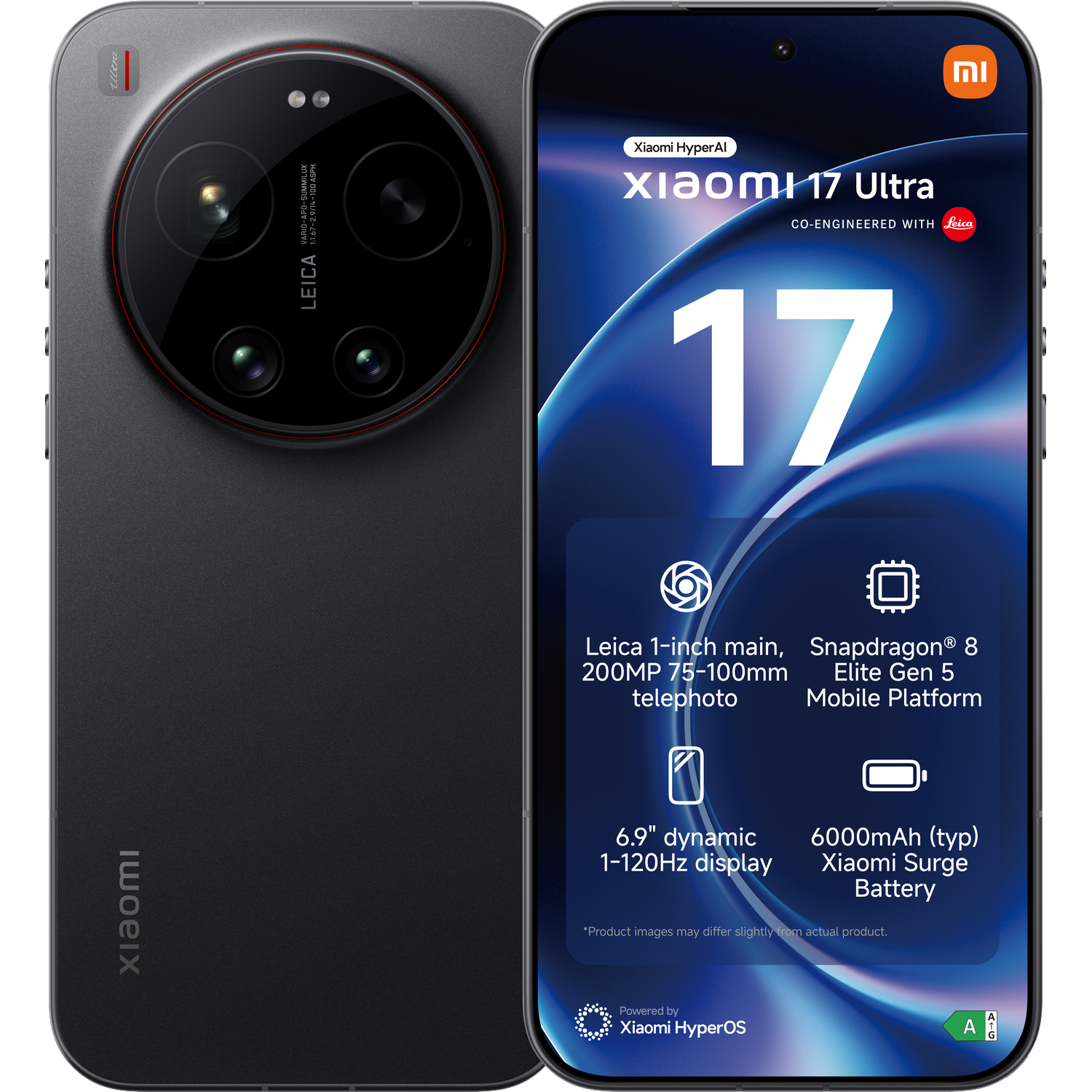 Zwarte Xiaomi 17 Ultra smartphone met Leica-camera en specificaties.