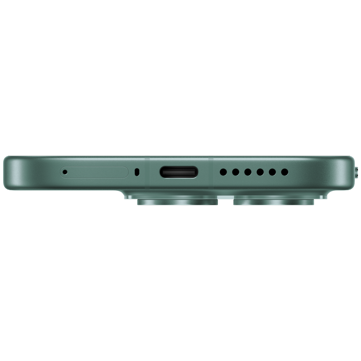 Gros plan du bord inférieur d'un smartphone vert, montrant le port de chargement et les haut-parleurs.