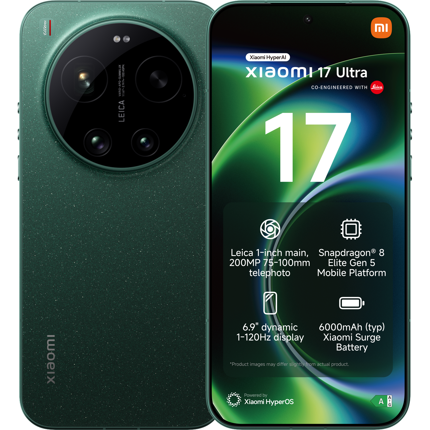 Smartphone Xiaomi 17 Ultra vert avec appareil photo Leica et spécifications.