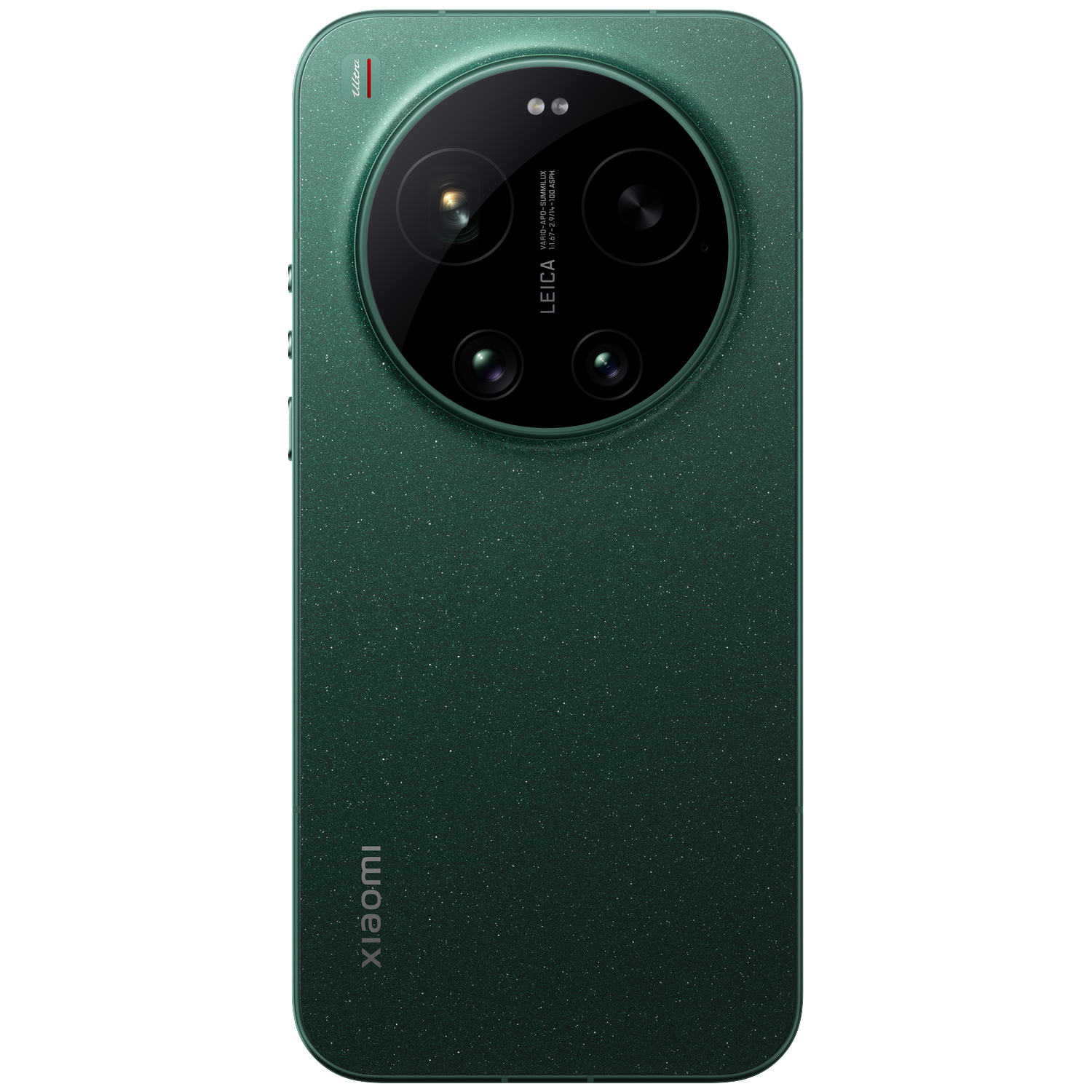 Smartphone vert foncé avec dos pailleté et appareil photo Leica.