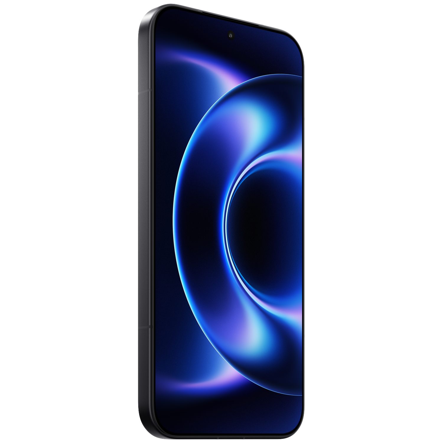 Donkere smartphone met een blauw, wervelend behang op het scherm.