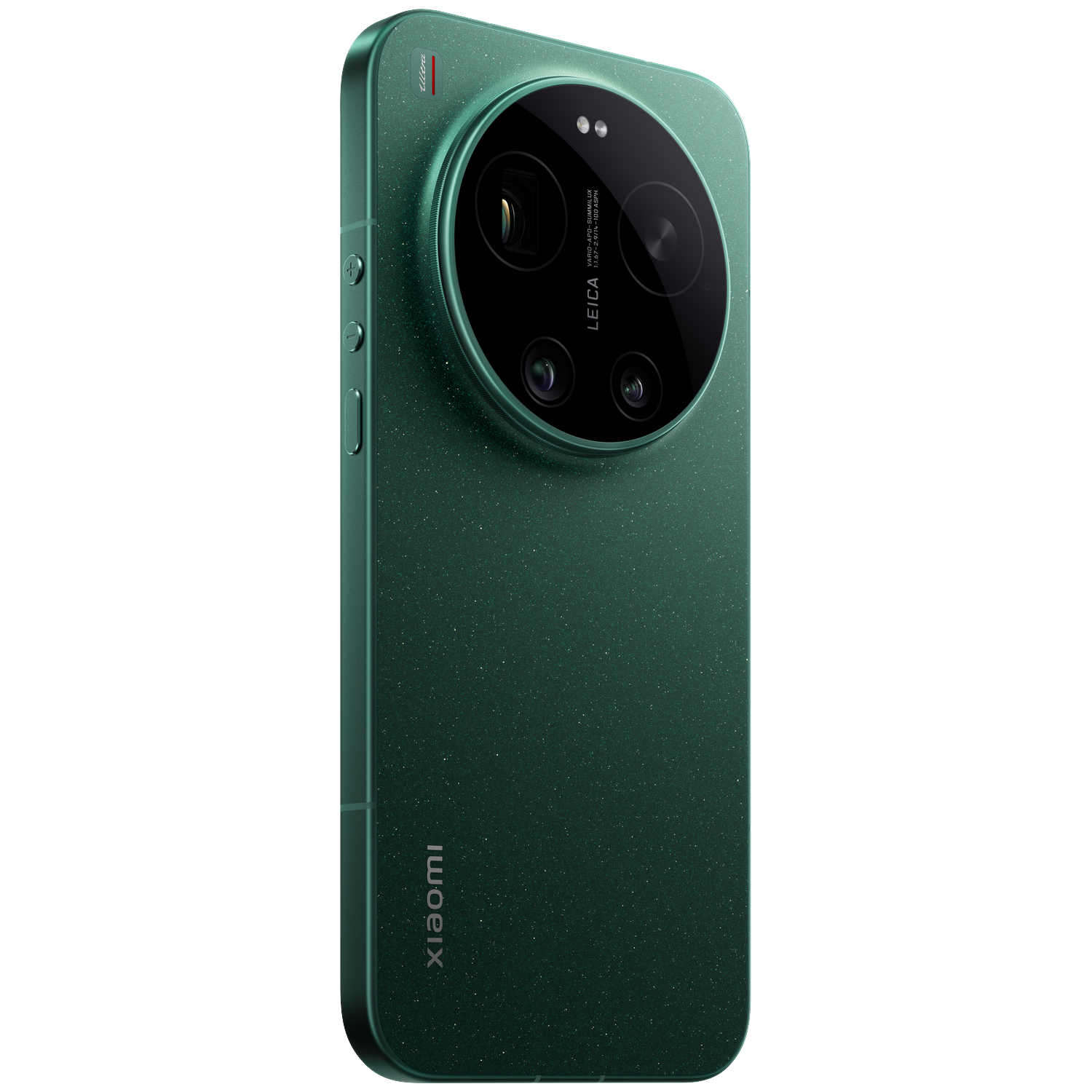 Smartphone vert foncé avec appareil photo Leica et logo Xiaomi.