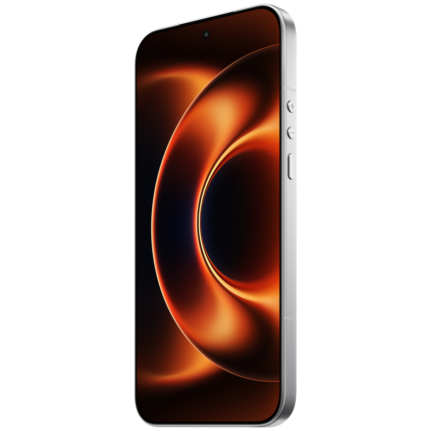 Smartphone argenté affichant un fond d'écran abstrait orange.