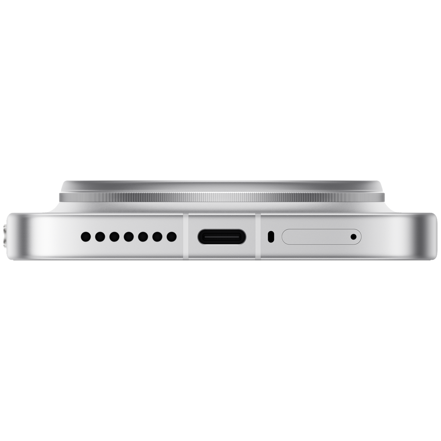 Vue inférieure d'un smartphone argenté avec port USB-C, grille de haut-parleur et tiroir SIM.