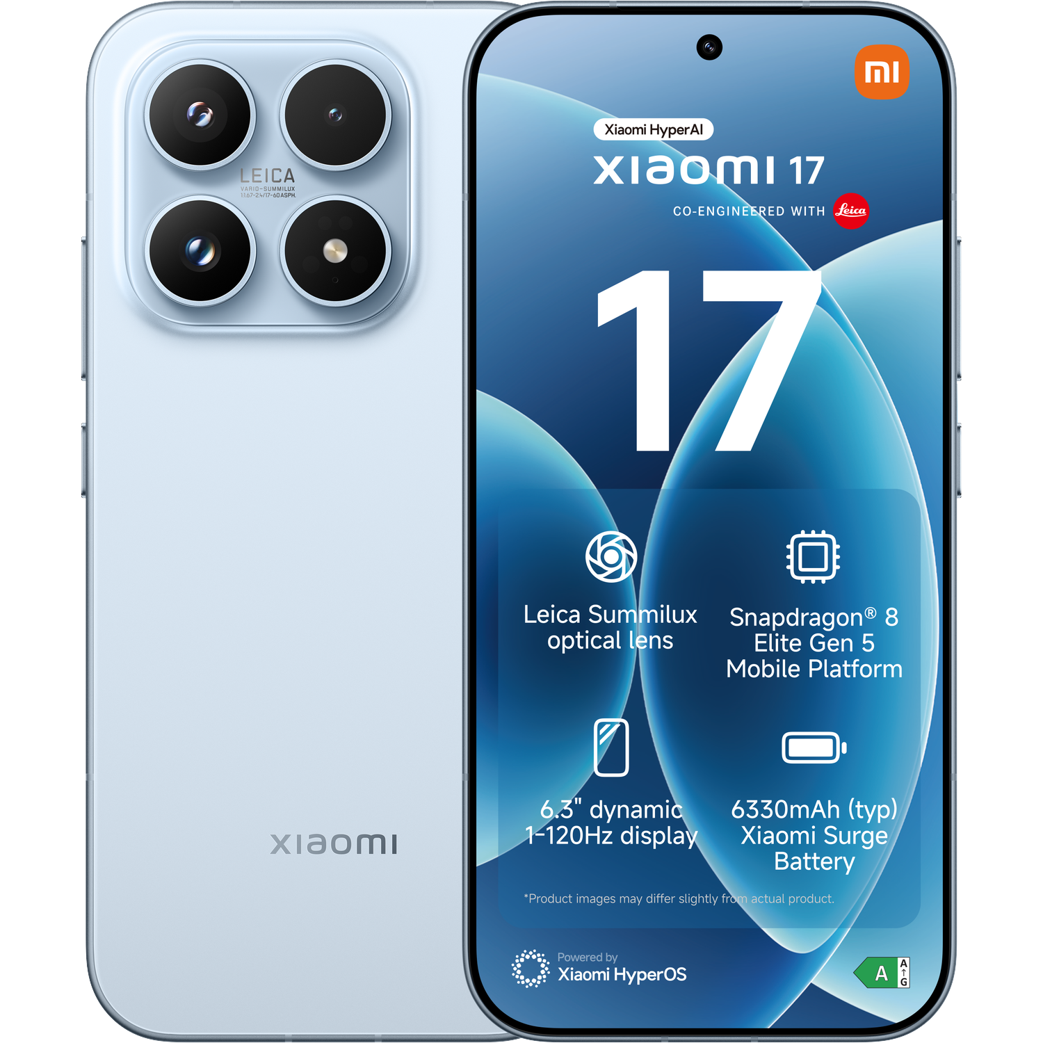 A light blue Xiaomi 17 smartphone with Leica camera and screen specifications.
