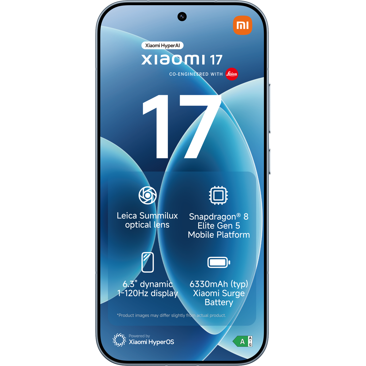 Xiaomi 17 smartphone featuring Leica lens, Snapdragon 8 Elite Gen 5, 6.3-inch display, 6330mAh battery.