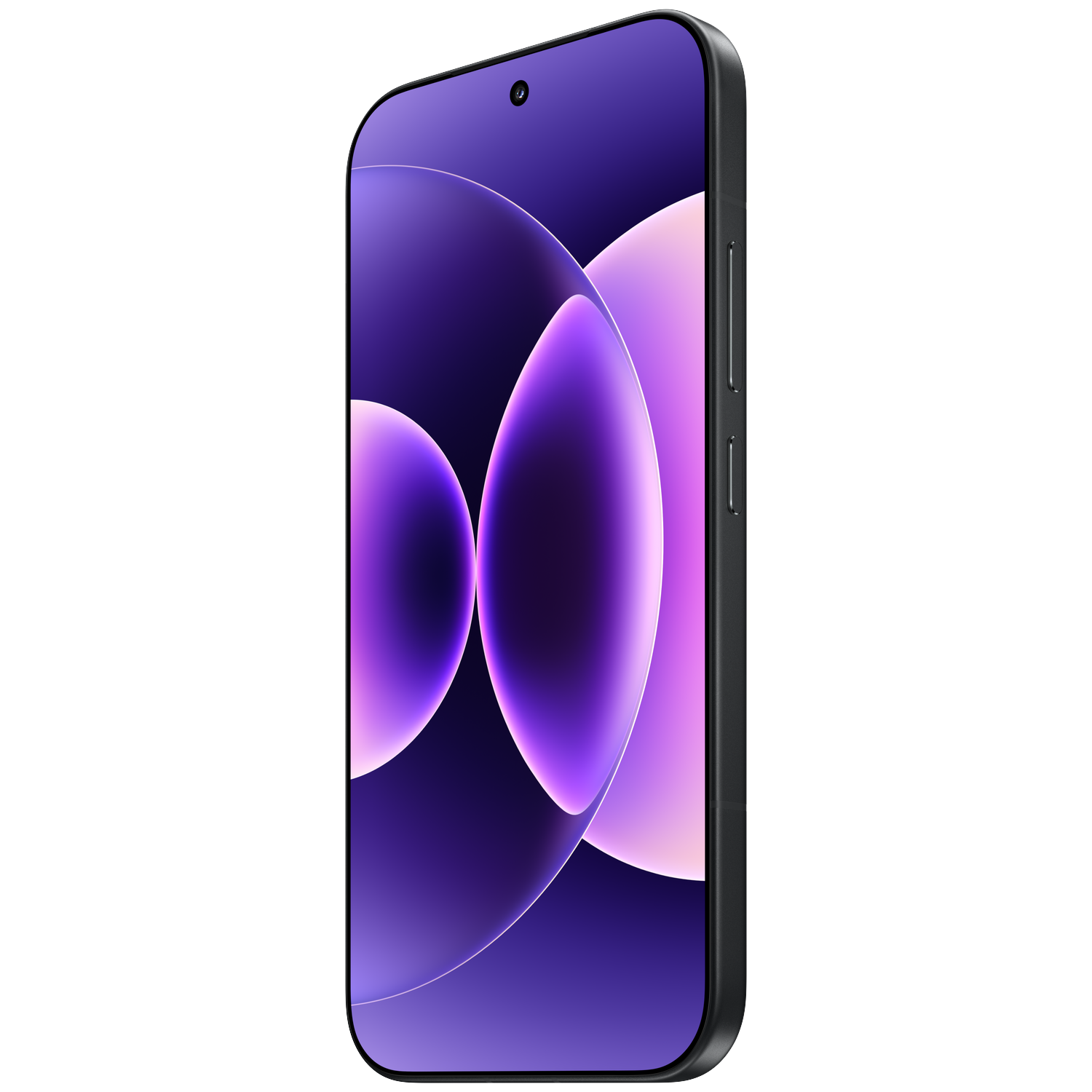 A modern smartphone with a dark frame and a purple abstract wallpaper.