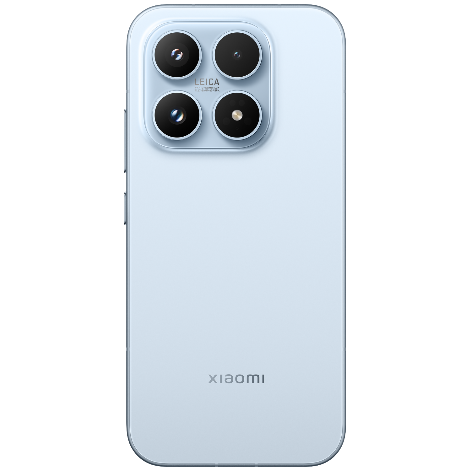 A light blue smartphone featuring a quad-camera setup and the Leica logo.