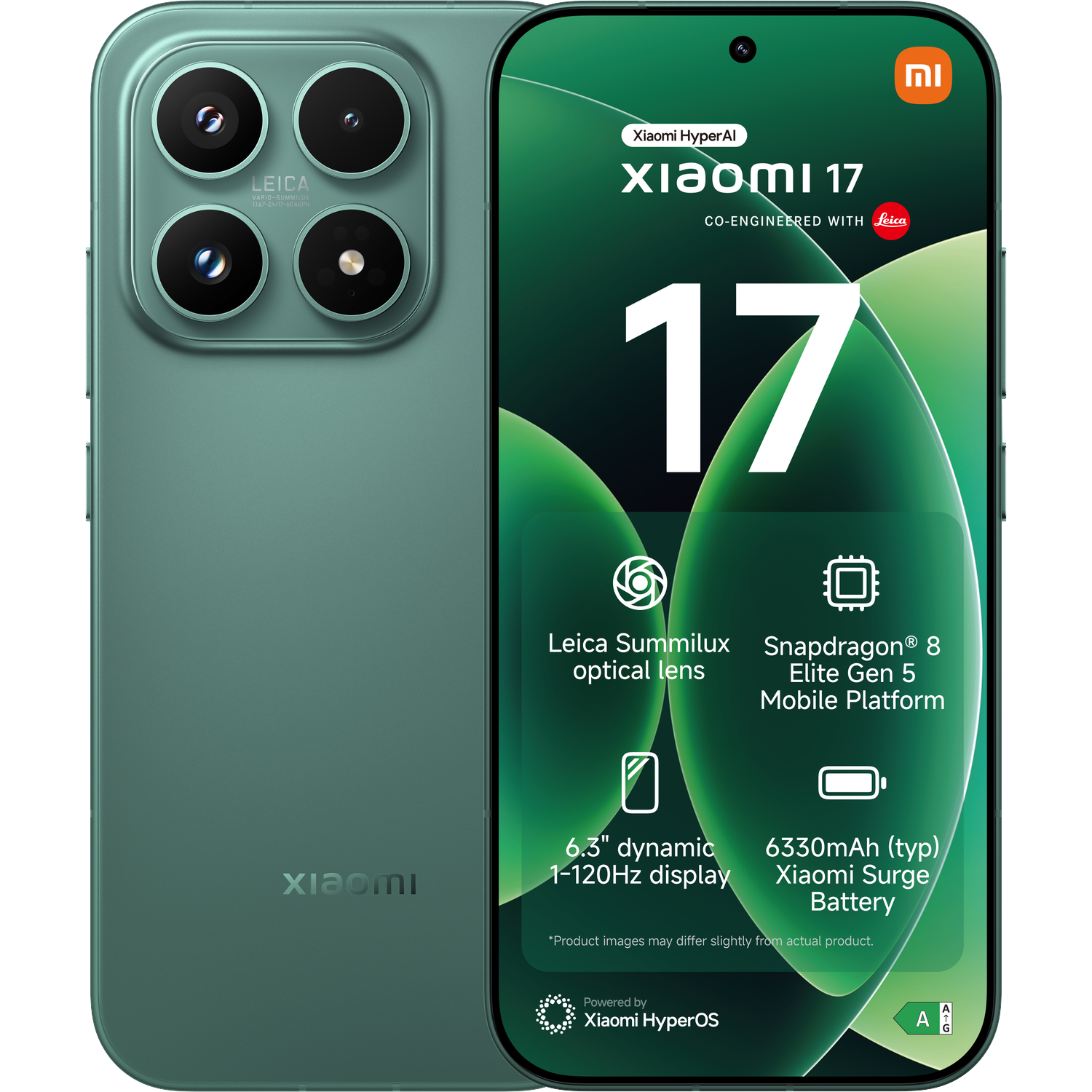 Green Xiaomi 17 phone with Leica cameras and large display.