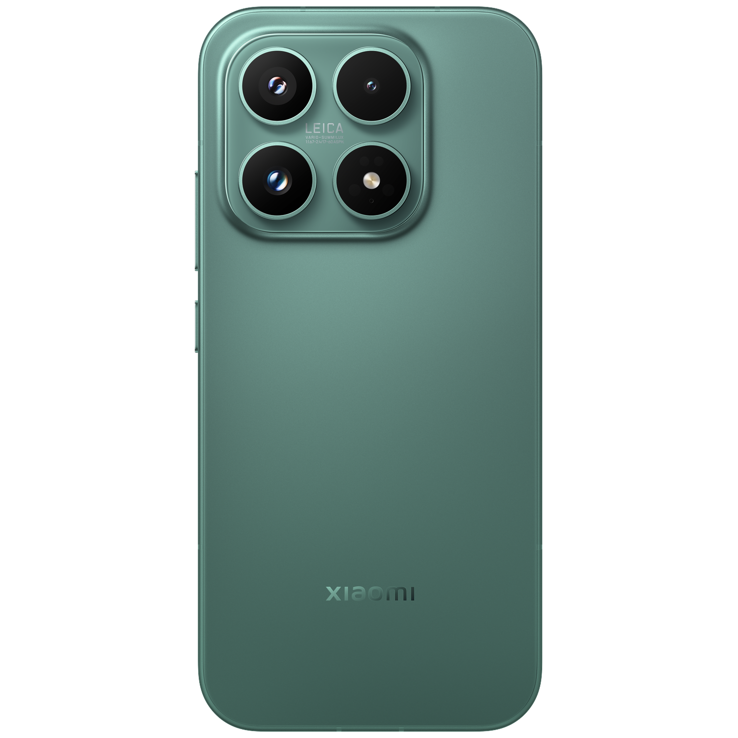 Back of a green Xiaomi smartphone with four Leica cameras and Xiaomi logo.