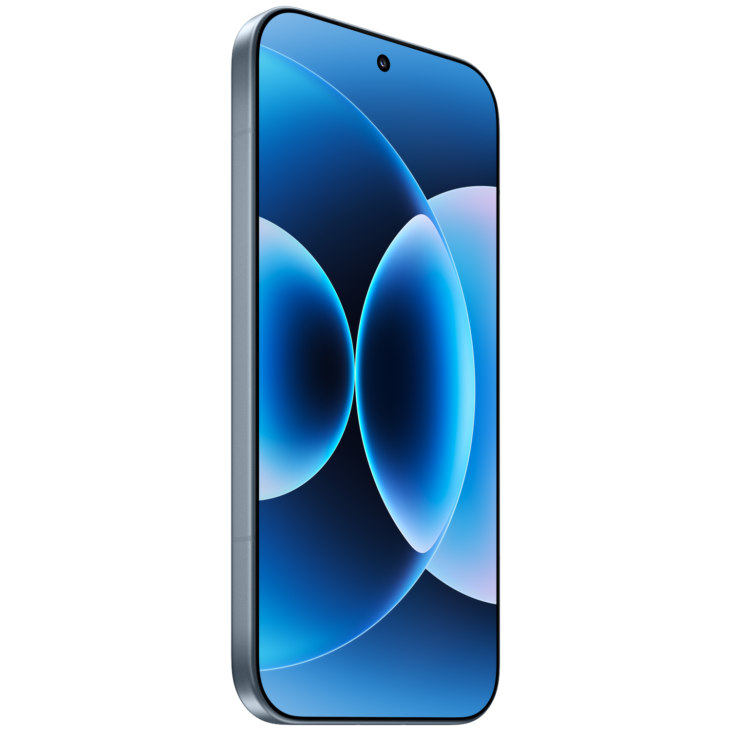 A modern silver smartphone displaying a blue abstract wallpaper.