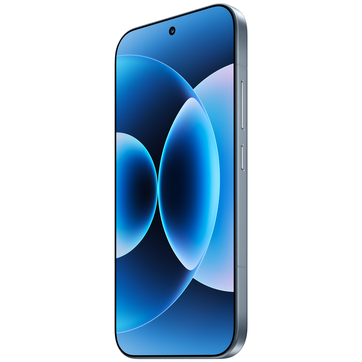 A grey smartphone displaying a blue wallpaper with rounded shapes.