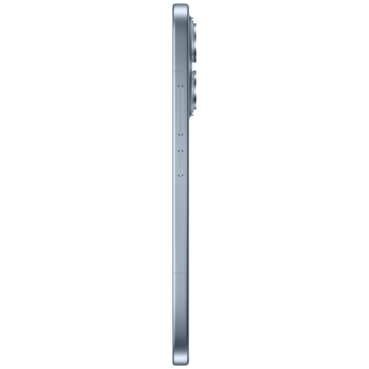 The side of a silver smartphone with three cameras.